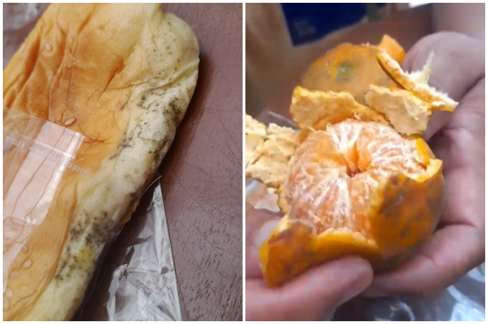 Kondisi roti yang berjamur dan jeruk yang diduga busuk dalam menu makanan MBG di SDN Babakan Madang 01.