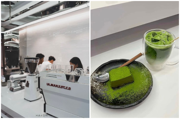 Tampak ambiens bar yang modern dan estetik dari Hakon, serta Menu Terrine dan Matcha Latte.