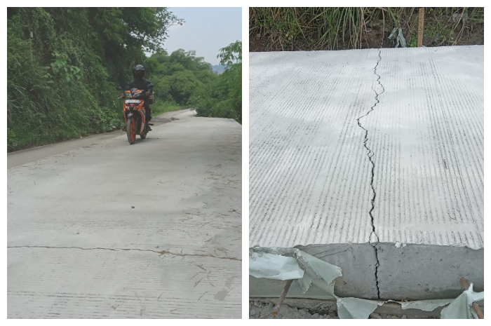 Kondisi terkini proyek pembangunan Jalan Prumpung-Gunung Sindur, Kabupaten Bogor, yang retak di beberapa titik.