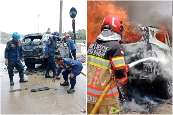 Mobil terbakar di Gerbang Tol Ciawi, tepatnya di Kilometer 41, Kelurahan Katulampa, Kecamatan Bogor Timur, Kota Bogor.