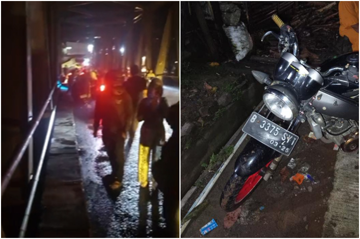 Warga berkerumun di jembatan lokasi seorang pria terjun ke Sungai Cisadane di Rumpin, Kabupaten Bogor.