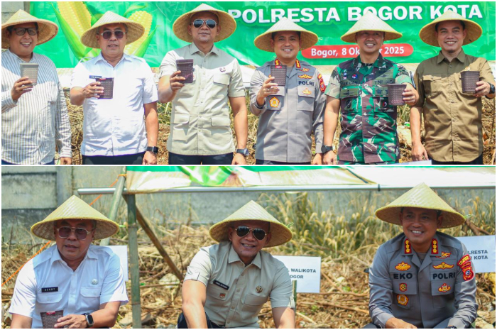 Wakil Wali Kota Bogor Jenal Mutaqin bersama Kapolresta Bogor Kota Kombes Pol Eko Prasetyo menanam bibit jagung di Sukadamai.