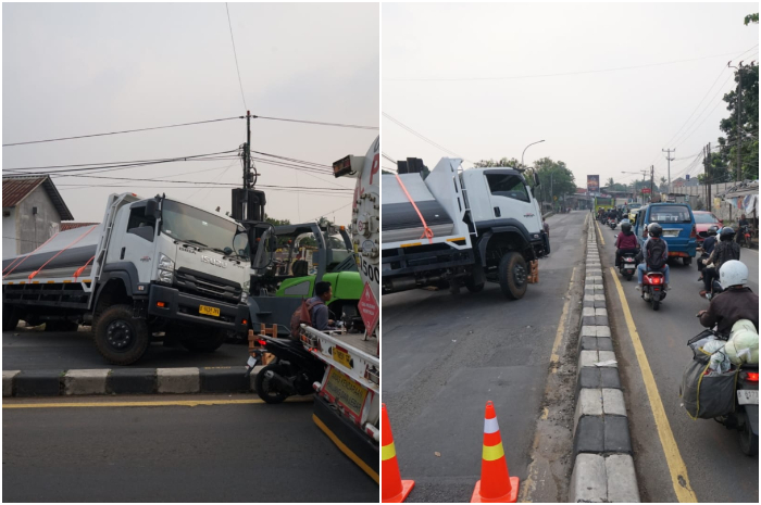 Truk tronton hampir terguling di Jalan Raya Parung Kabupaten Bogor, Kamis, 9 Oktober 2025 dan sempat menyebabkan kemacetan.