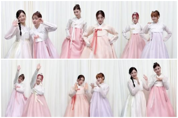 Para anggota AtHeart saat mengenakan hanbok, pakaian tradisional Korea yang elegan, untuk membawakan tarian penuh energi dan karisma