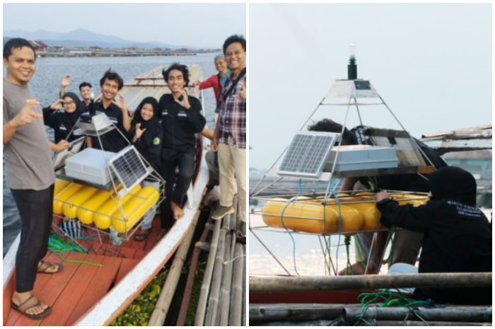 Tim mahasiswa IPB University saat melakukan uji coba alat U-Buoy, inovasi sistem peringatan dini untuk mencegah kematian massal ikan di perairan seperti Danau Cirata.