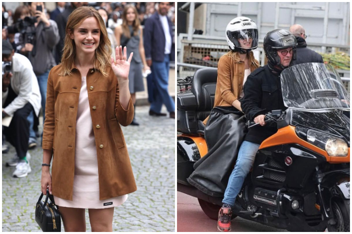 Emma Watson saat menghadiri Peragaan Busana Miu Miu Spring atua Summer 2026.