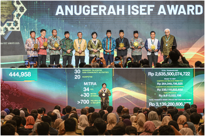 Deputi Gubernur Senior Bank Indonesia Destry Damayanti memberikan plakat kepada para pemenang Anugerah ISEF Award 2025.