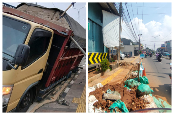 Truk terperosok di bekas galian Jalan Kartini, Kota Depok.