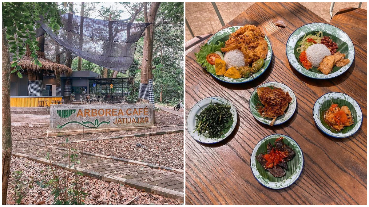 Tampak depan dari Arborea Cafe Jatijajar dan sejumlah menu yang disajikan.