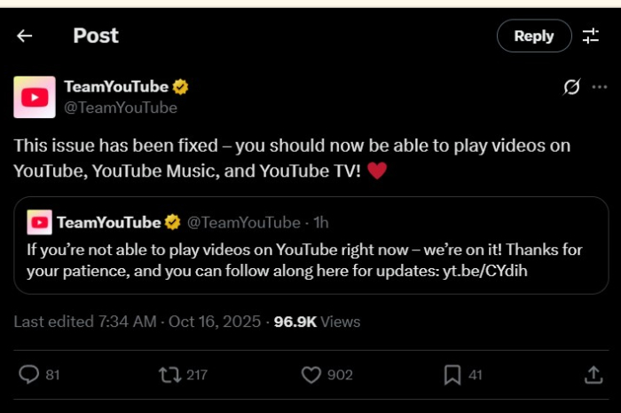Pernyataan YouTube terkait layanannya yang sempat error.