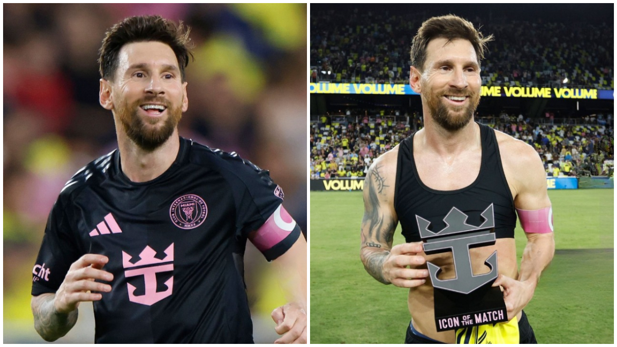 Lionel Messi tersenyum sambil memegang penghargaan Icon of the Match seusai laga kontra Nashville SC.