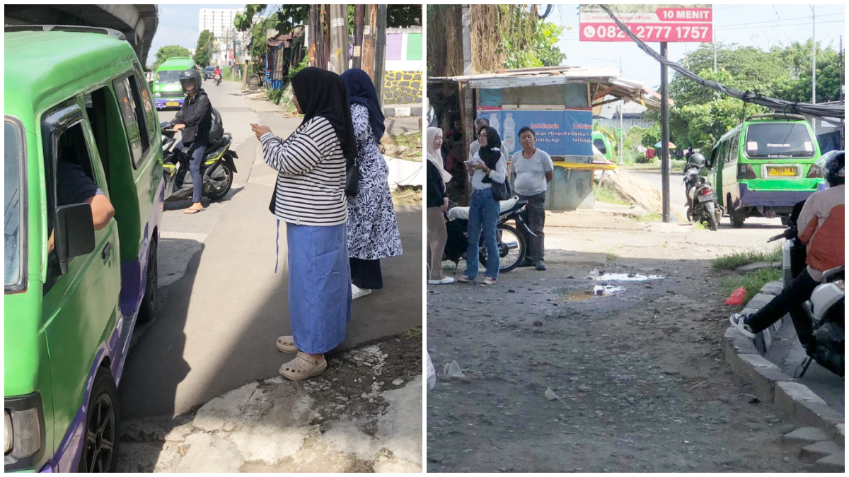 Warga yang tengah menunggu Angkot di Jalan Sholeh Iskandar, Kelurahan Kedung Badak, Kecamatan Tanah Sareal.