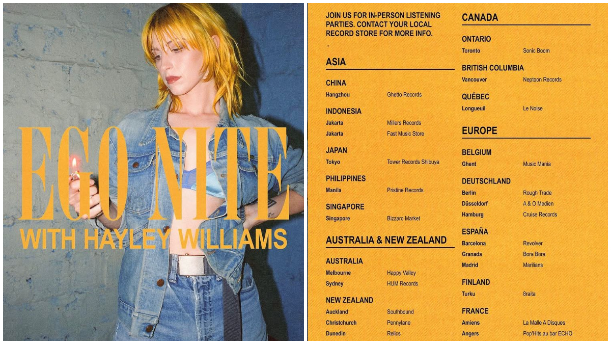 Poster Hayley Williams yang berisikan nama kota dari berbagai negara yang akan menggelar acara Listening Party bertajuk EGO NITE.