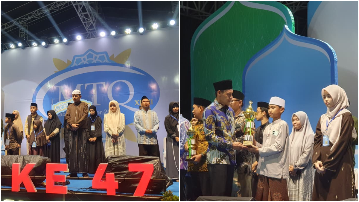 Wakil Bupati Bogor Ade Ruhandi saat memberi piala kepada para juara MTQ ke-47 tingkat Kabupaten Bogor, Selasa, 28 Oktober 2025 malam.
