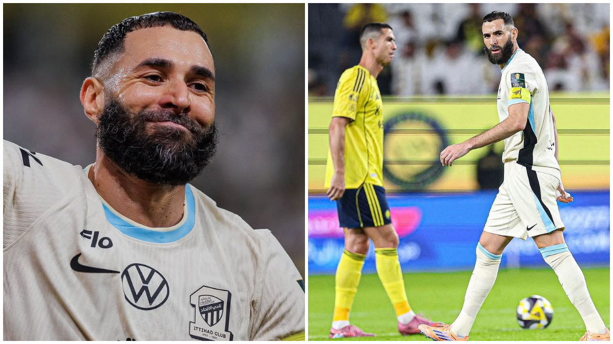 Wajah gembira Karim Benzema setelah mencetak gol saat melawan Al-Nassr di Piala Raja Saudi 2025