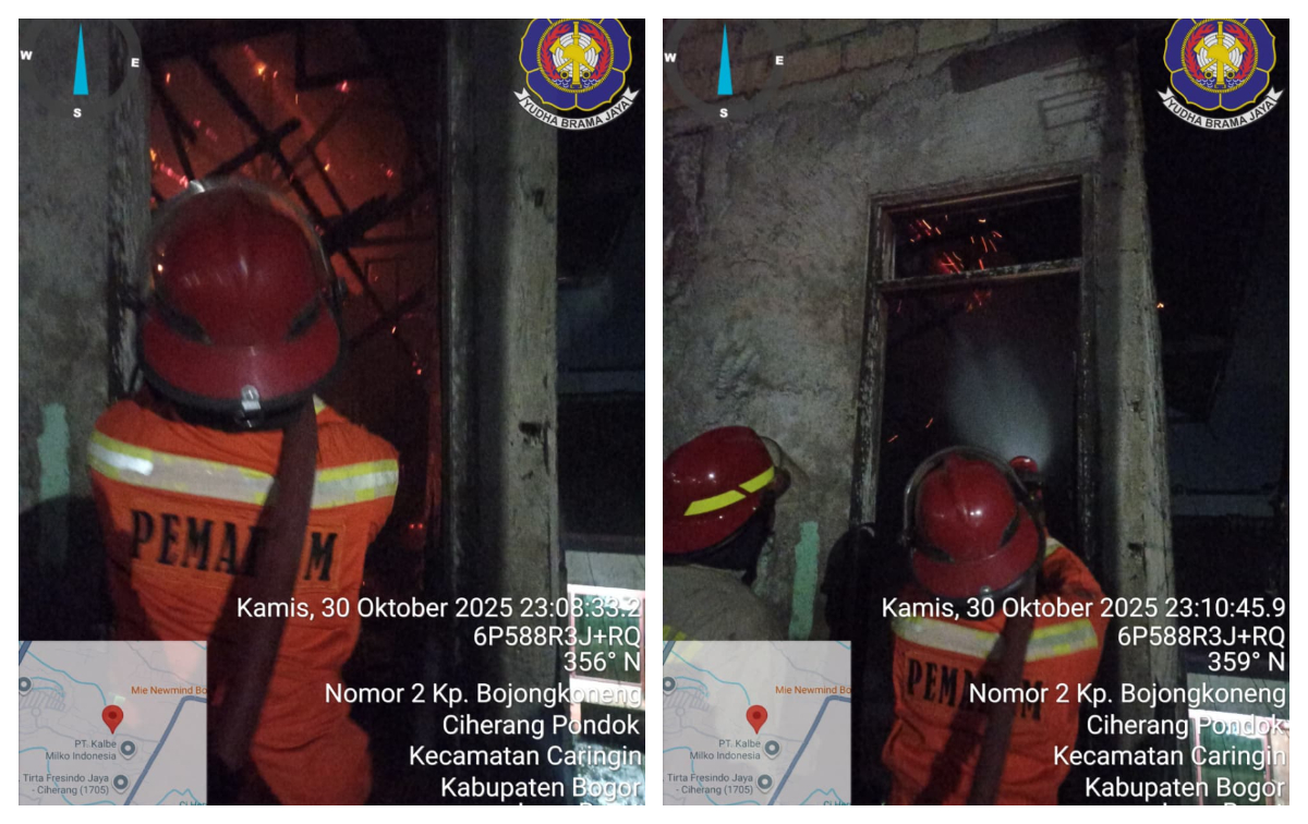 Petugas Damkar Sektor Ciawi melakukan pemadaman kebakaran satu unit rumah warga di Kampung Bojong Koneng, Desa Ciherang Pondok, Kecamatan Caringin, Kabupaten Bogor.