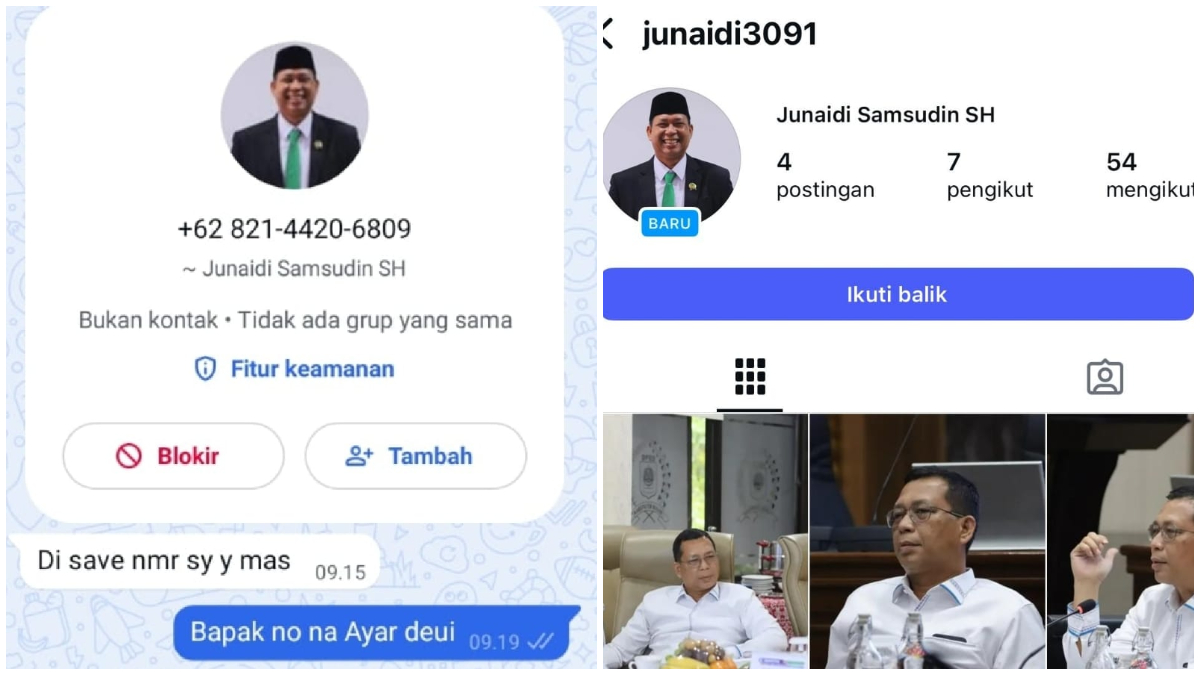 Tampilan nomor Whatsapp dan akun instagram pelaku penipuan yang mengatasnamakan Wakil Ketua DPRD Kabupaten Bogor Junaidi Samsudin.