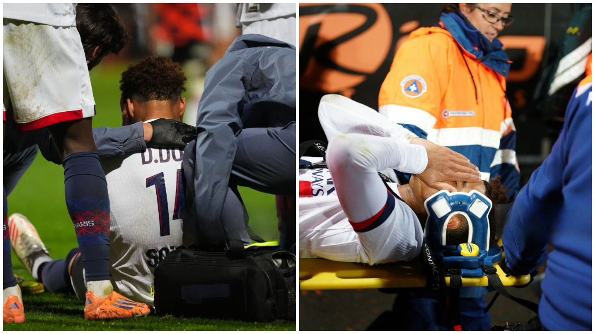 Desire Doue, pemain sayap PSG saat mengalami cidera di Lorient, Prancis.