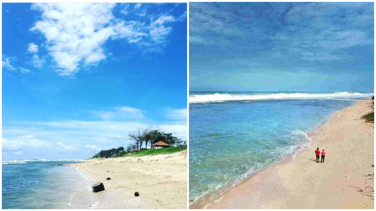 Suasana hamparan pasir dan langit biru di Pantai Sayang Heulang, Kecamatan Pameungpeuk, Garut.