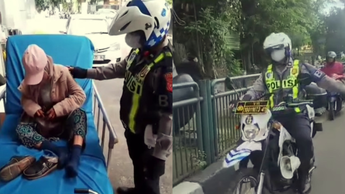 Aipda Nana Maulana, anggota Polresta Bogor Kota mengawal warga ke RS PMI.