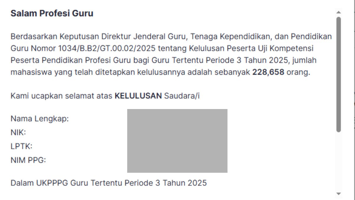 Notifikasi di website UKP PPG jika guru&nbsp;dinyatakan lulus.