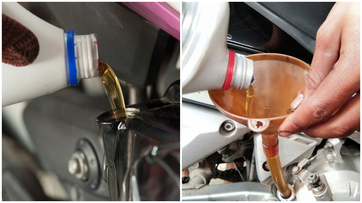 Ilustrasi proses pengisian oli ke mesin motor matic untuk menjaga performa dan keawetan mesin.