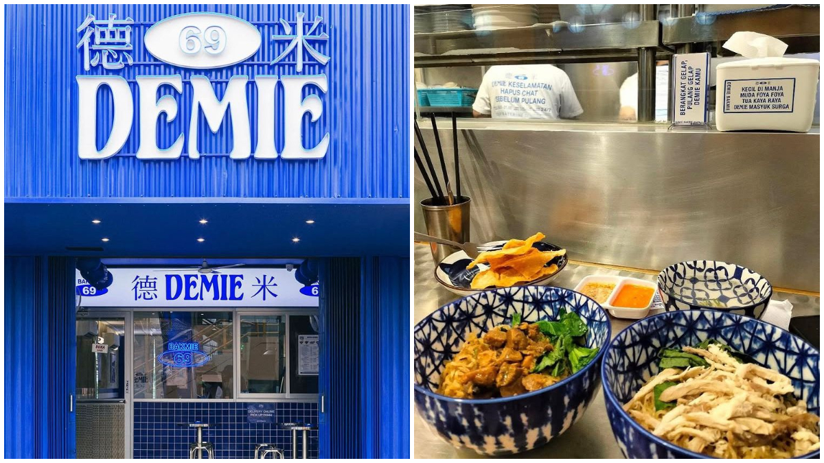 Tampak depan Damie Bakmie di Kota Depok dan beberapa hidangan yang disediakan.