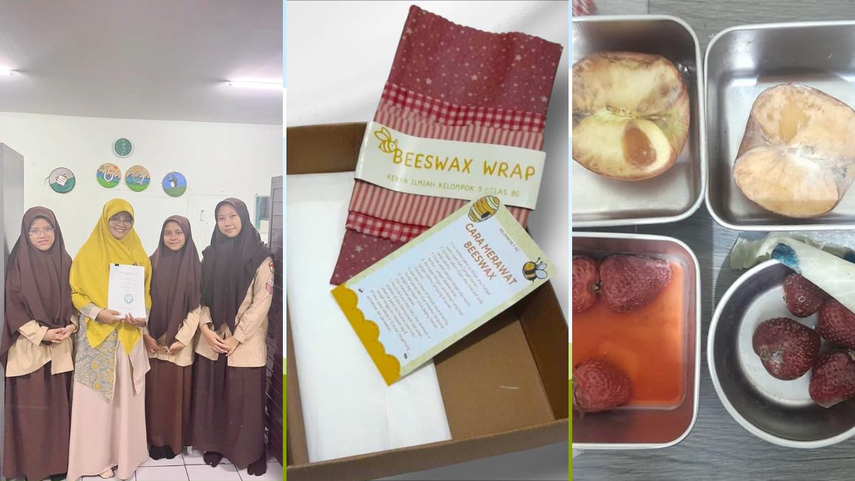 Tiga siswi SMP IT Ummul Quro Bogor beserta beeswax wrap yang mereka buat dan bahan-bahannya
