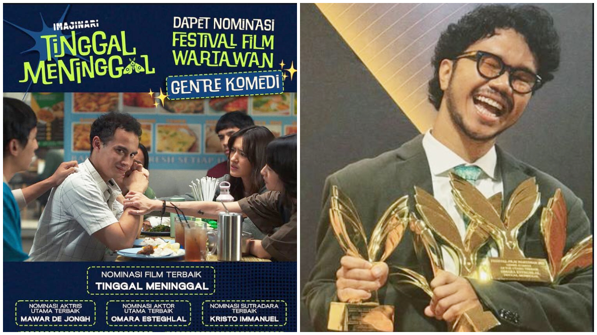 Poster Film Komedi Tinggal Meninggal dan sutradara serta penulis skenario film ini, Kristo Immanuel dengan lima piagam pengahargaan.