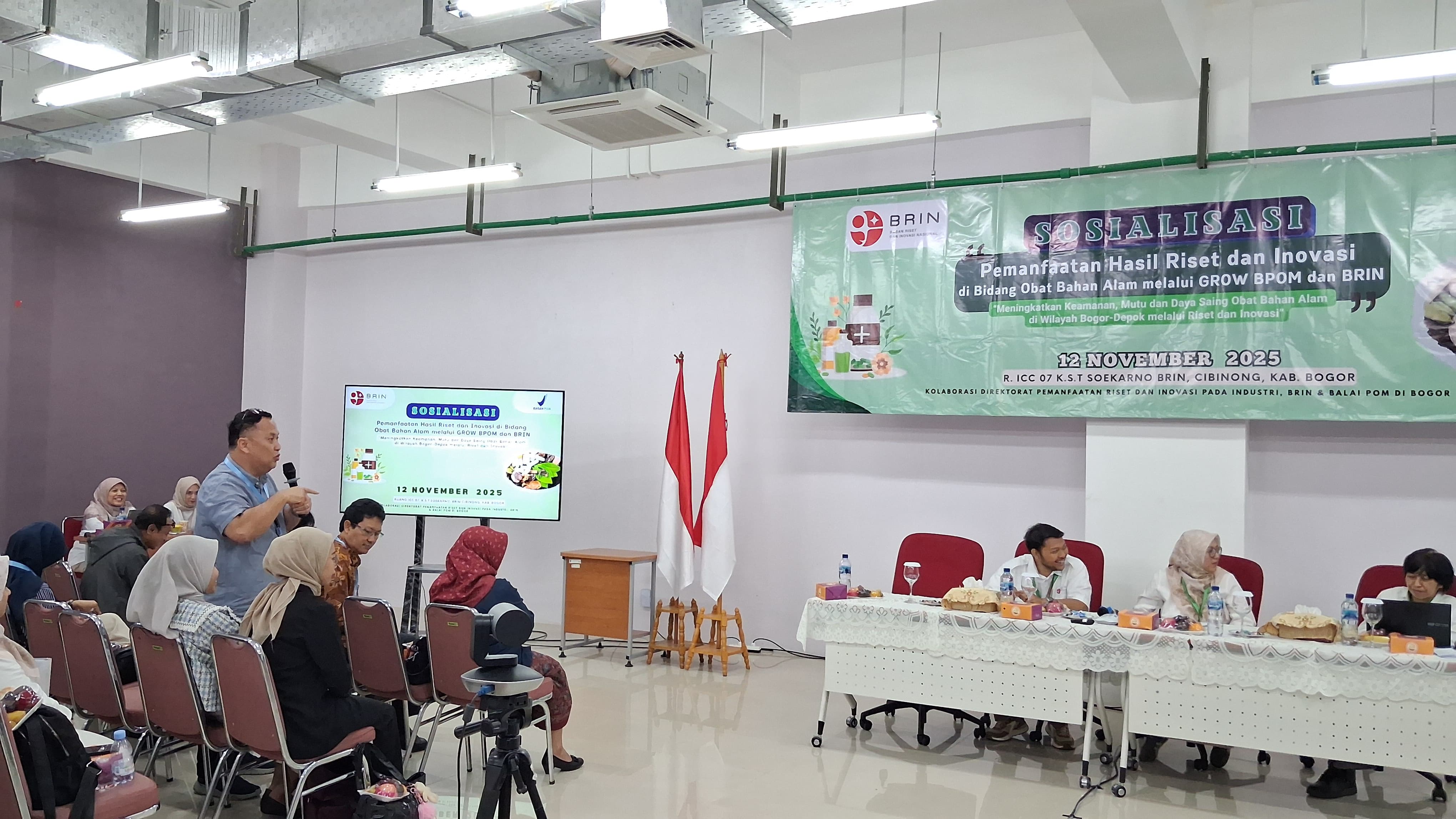 Sosialisasi pemamfaatan hasil riset dan inovasi di bidang obat bahan alam melalaui GROW BPOM dan BRIN di Cibinong, Kabupaten Bogor, Rabu 12 November 2025.