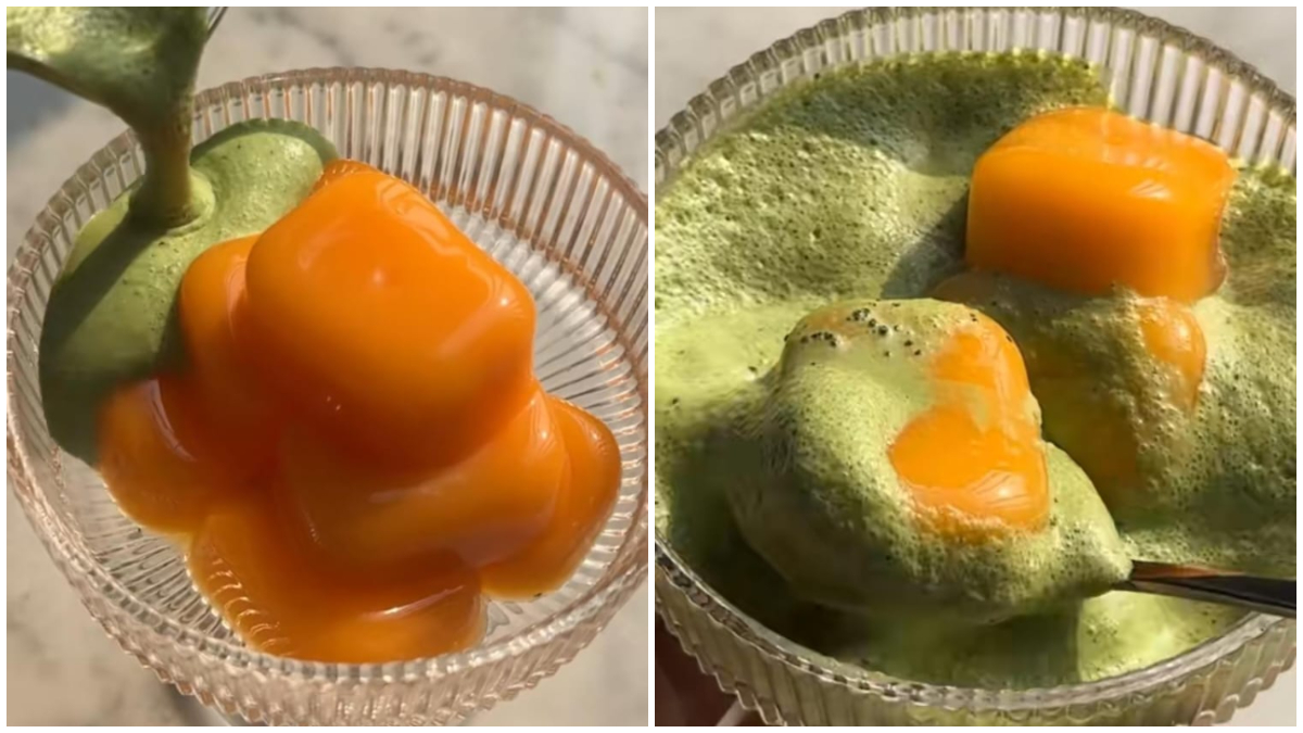 Tampilan Pudding Mangga Gemoi Disiram Saus Matcha yang bikin ngiler.