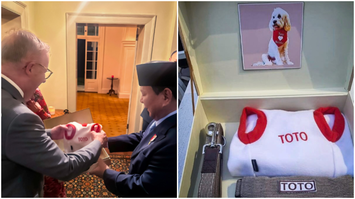 Presiden RI Prabowo Subianto saat memberi hadiah untuk&nbsp;Toto anjing peliharaan Perdana Menteri Australia Anthony Albanese.