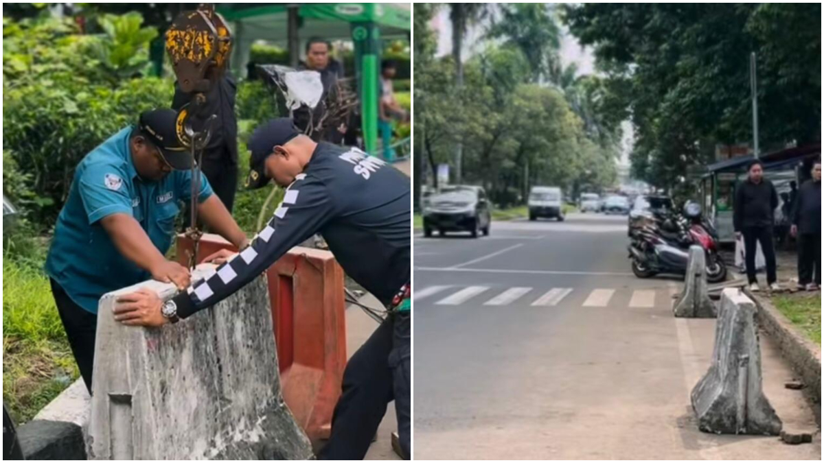 Dinas Perhubungan Kota Bogor memasang kanstin di Jalan Abdullah Bin Nuh untuk mencegah parkir liar.