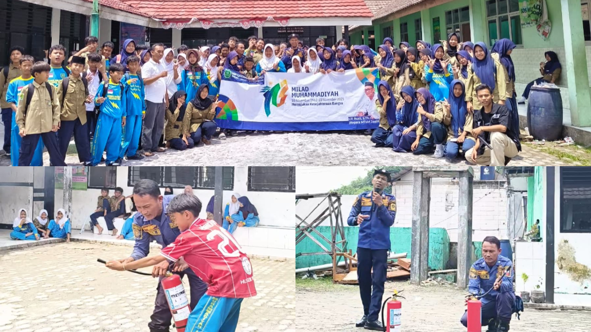 Para siswa MTs Muhammadiyah Jasinga&nbsp;ikuti simulasi penanggulangan kebakaran&nbsp;hingga gempa bumi.