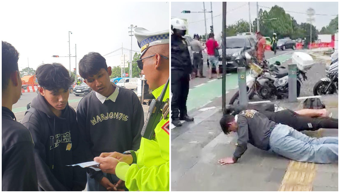 Petugas saat memberikan sanski sosial push terhadap ketiga pelajar akibat melanggar lalu lintas.