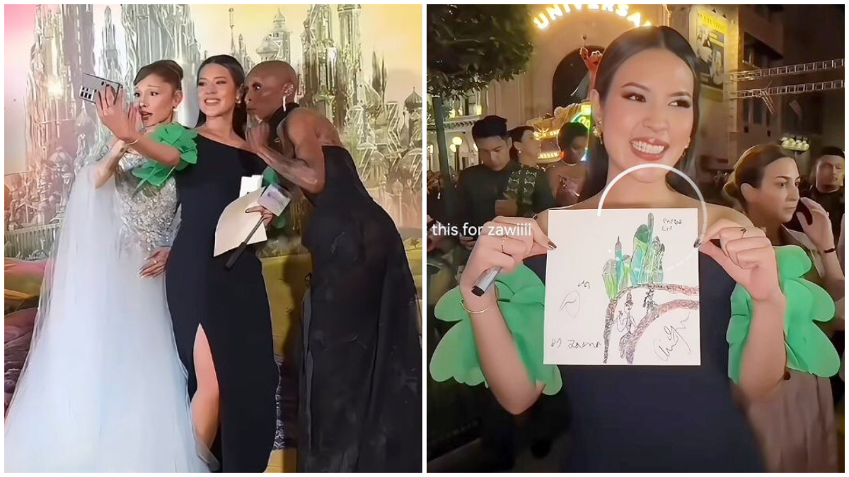 Raisa saat bertemu Ariana Grande dan  Cynthia Erivo di Premiere Wicked. Dan Karya Seni putri Raisa yang ditandatangani Ariana Grande dan Cynthia Erivo.