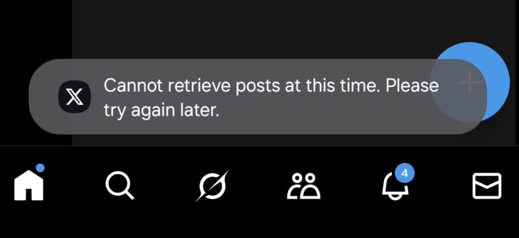 Tampilan aplikasi X yang ikut error akibat kendala jaringan internet.