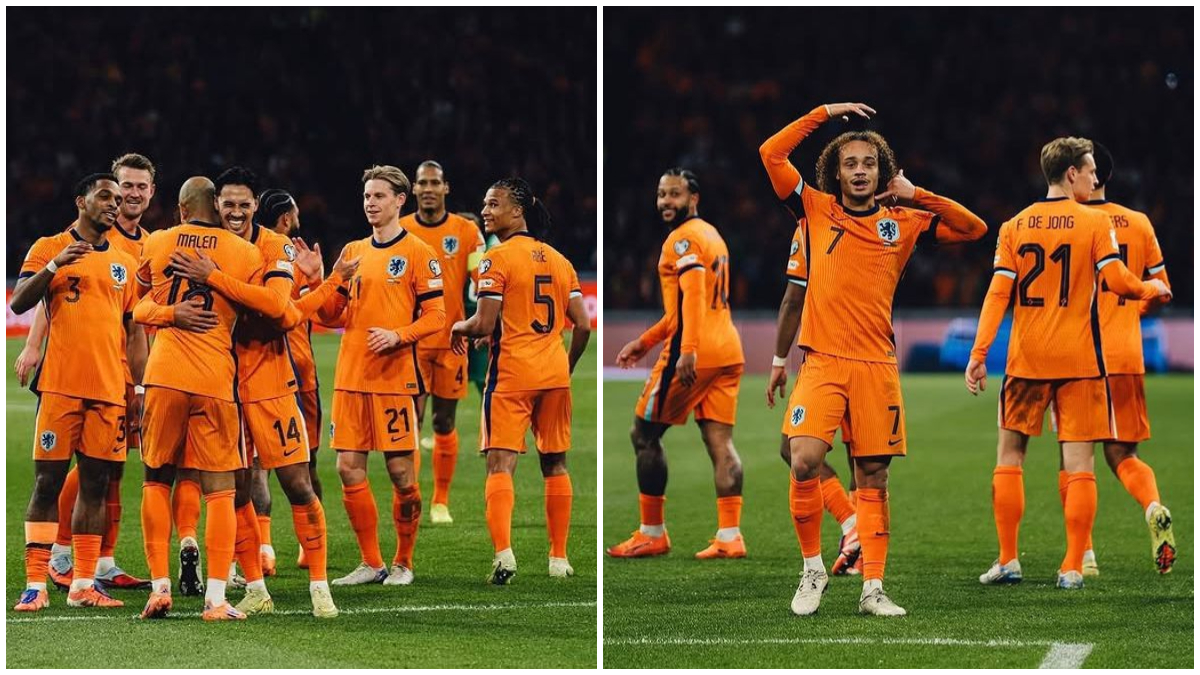 Para pemain Belanda merayakan gol ke 4 atas Lithuania yang di cetak oleh Donyel Mallen pada kualifikasi Piala Dunia 2026