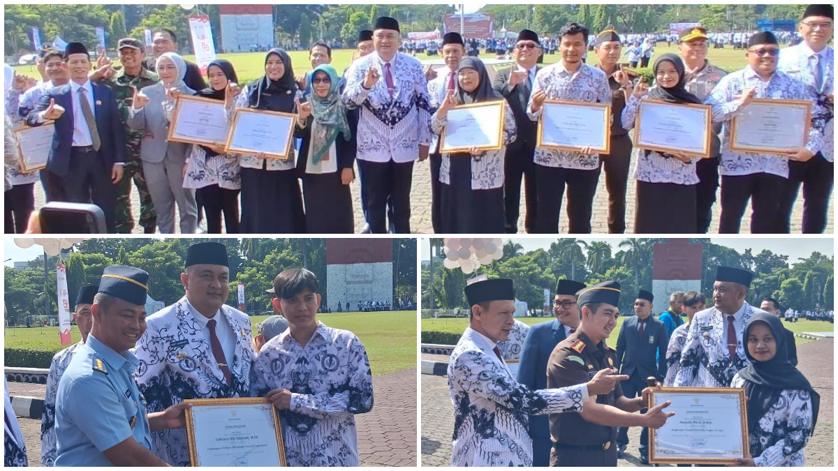 Bupati Bogor, Rudy Susmanto berikan apresiasi untuk guru berprestasi usai upacara Hari Guru Nasional 2025 di Lapangan Tegar Beriman, Cibinong, Selasa 25 November 2025.