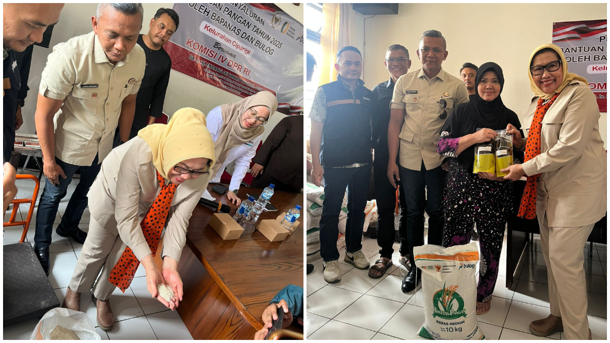 Anggota DPR RI Endang Thohari didampingi Wakil Wali Kota Bogor Jenal Mutaqin saat mengecek penyaluran bantuan pangan beras melalui Bapanas bekerja sama dengan Perum Bulog.