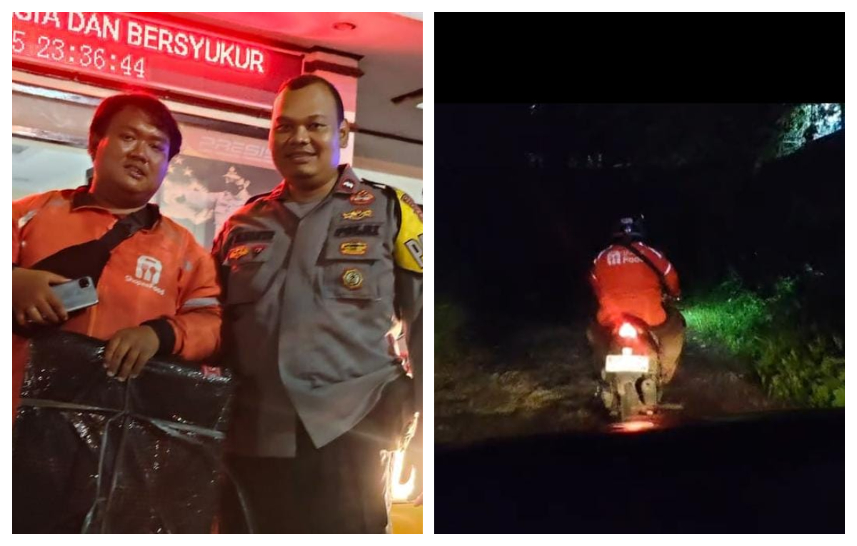 Unit Patroli Polsek Gunung Putri saat mengantar driver ojol mengirimkan paket di Tlajung udik, Kecamatan Gunung Putri, Kabupten Bogor, Rabu 3 Desember 2025 dini hari.