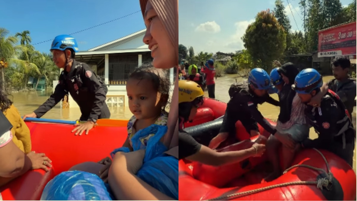 Senyum bocah yang dievakuasi Tagana ketika banjir Sumatera Utara.