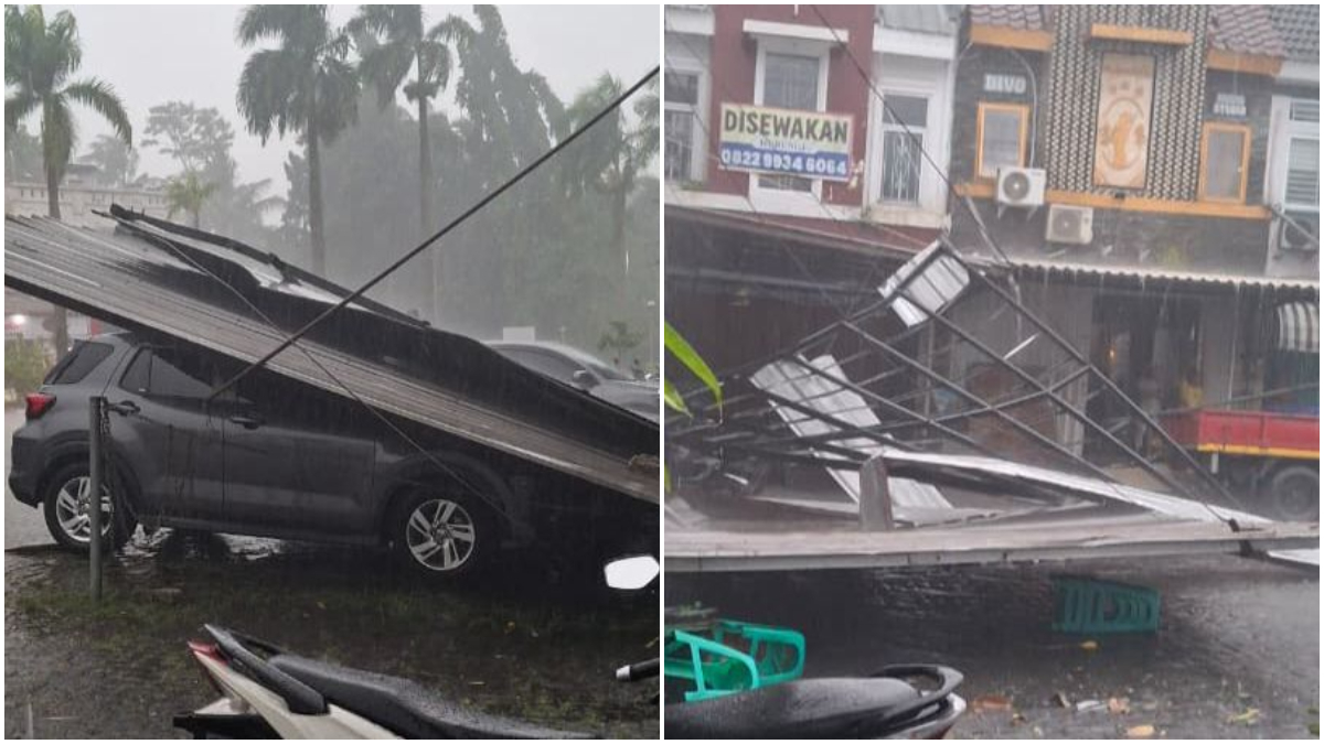 Mobil dan motor tertimpa kanopi saat angin kencang yang terjadi di Perumahan Taman Sari Persada, Kota Bogor.