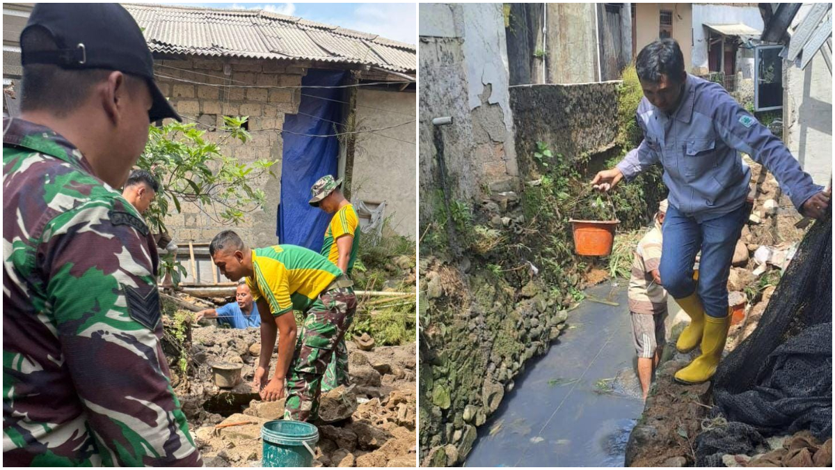 Warga bersama TNI dan Dinas PUPR Kabupaten Bogor gotong royong memperbaiki TPT Kali Cibagolo, Desa Pasir Jambu, Kecamatan Sukaraja, Sabtu, 6 Desember 2025.