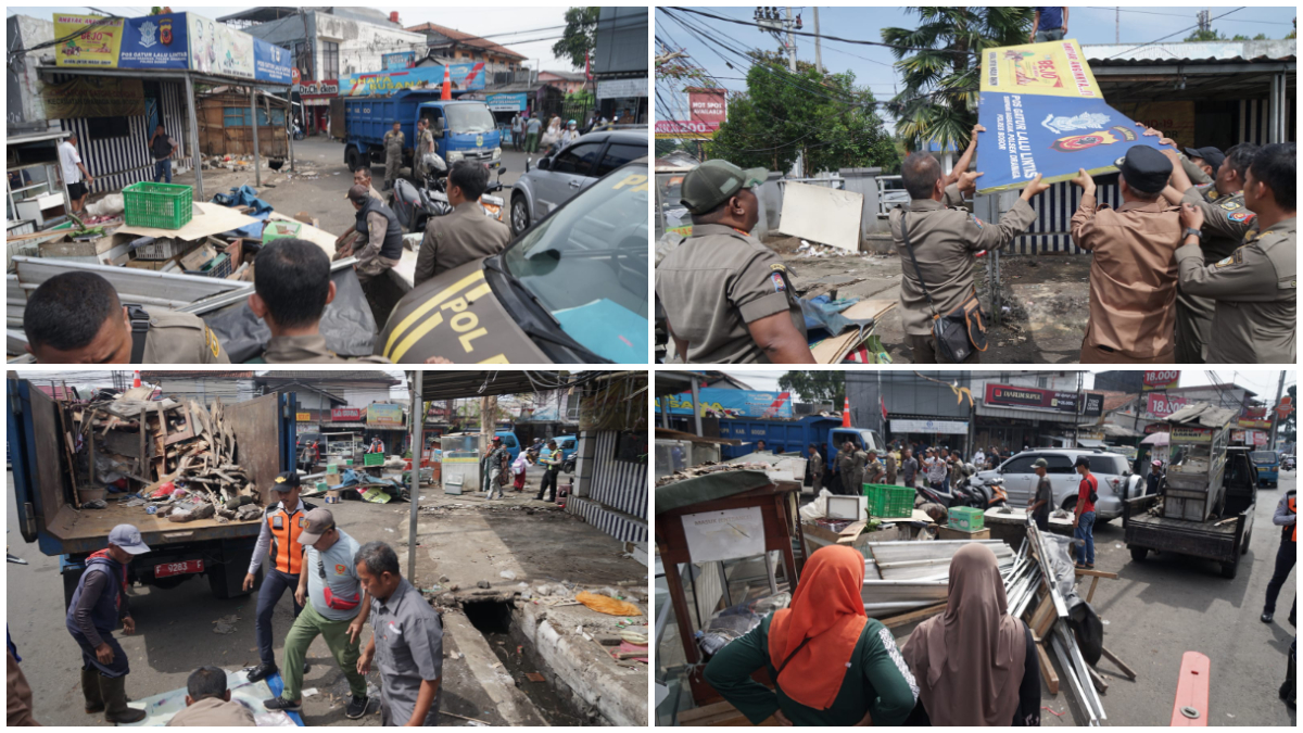 Lapak pedagang di Simpang Babakan Raya kampus IPB dramaga dibongkar petugas Satpol PP Senin 8 Desember 2025.