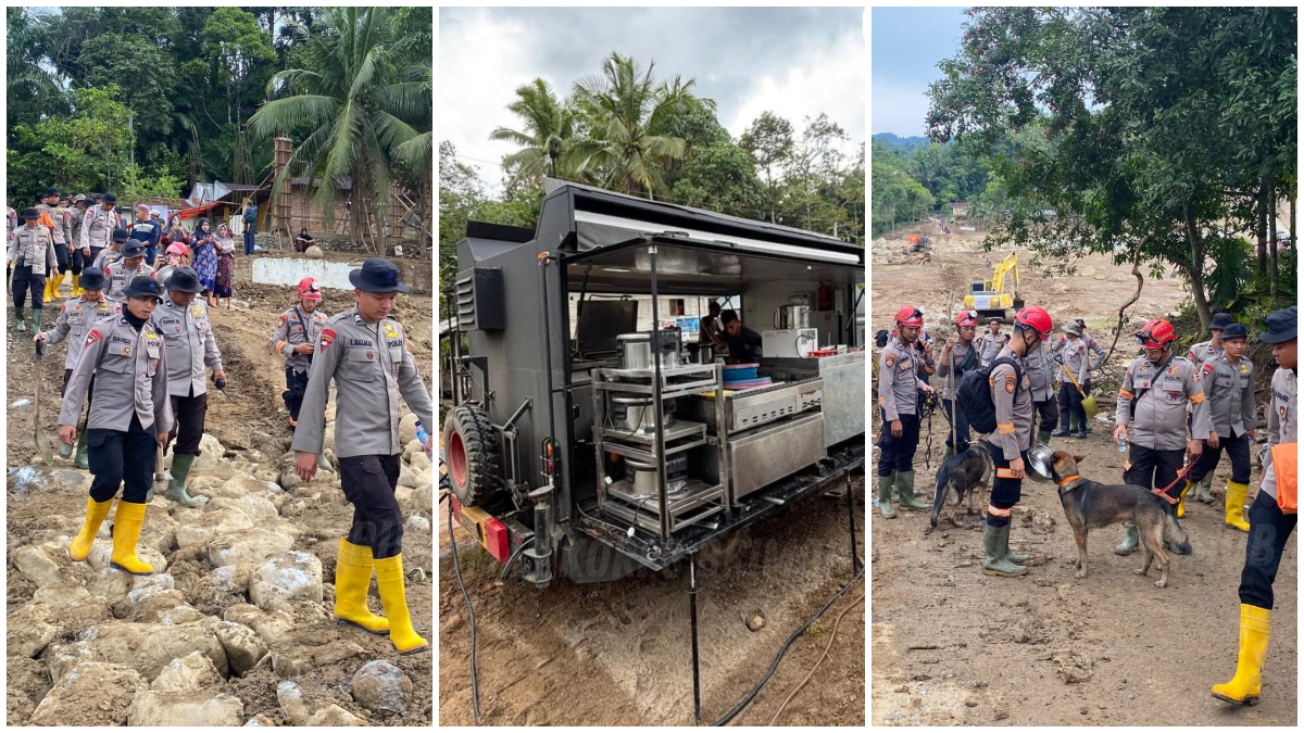 Personel Polri saat membantu mencari korban bencana di Sumatera.
