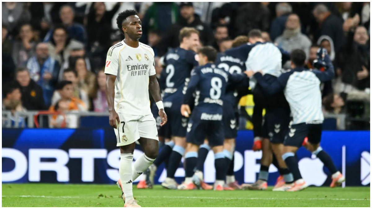 Ekspresi kekecewaan pemain Real Madrid Vinicius Junior usai timnya dikalahkah Celta Vigo.