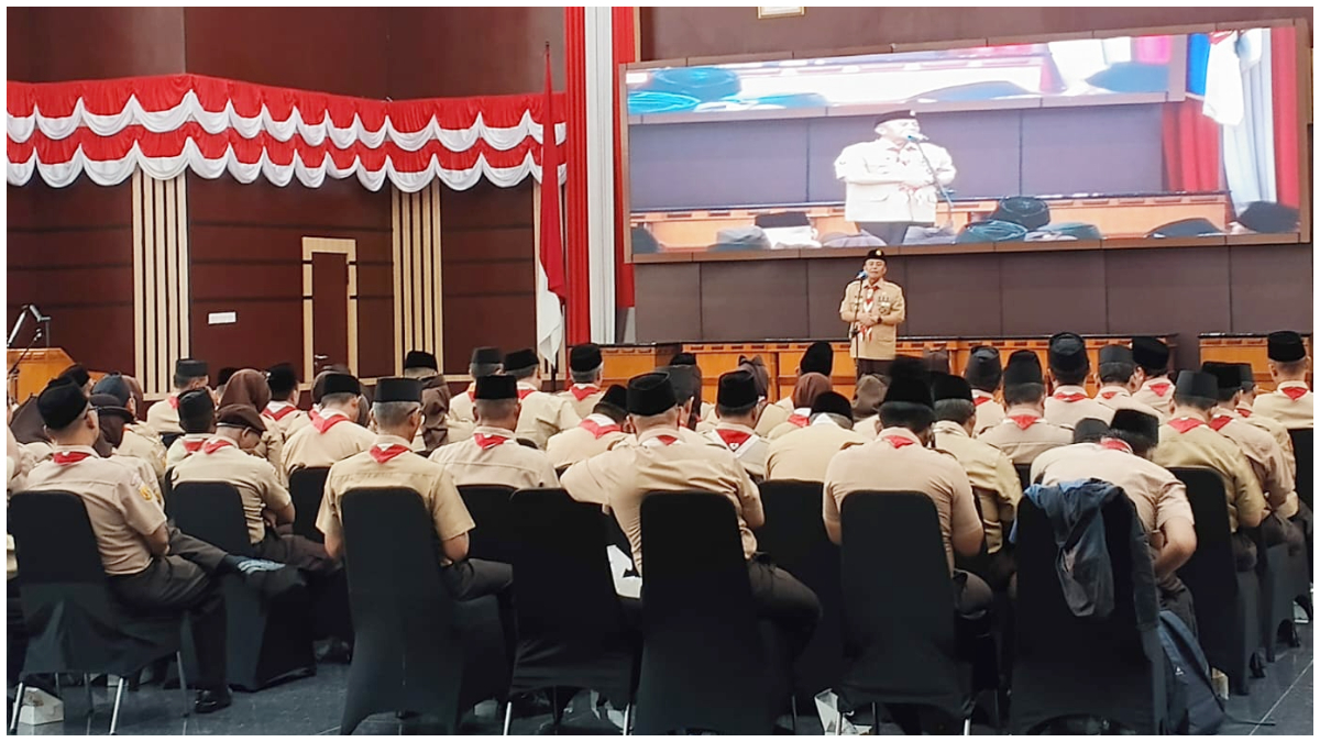 Ketua Kwarda Jabar Herman Suryatman saat memberi sambutan di pelantikan pengurus daerah Pramuka Kota Bogor.