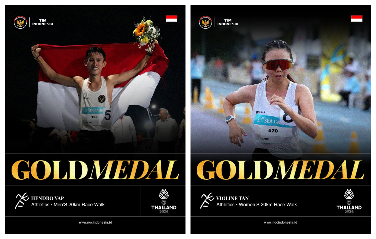 Hendro Yap dan Violone Intan Puspita meraih medali emas jalan cepat nomor 20 km putra dan putri SEA Games Thailand 2025.