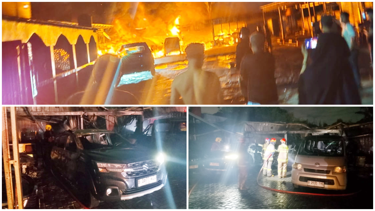 Kondisi rental mobil dan toko di Kota Depok yang terbakar.